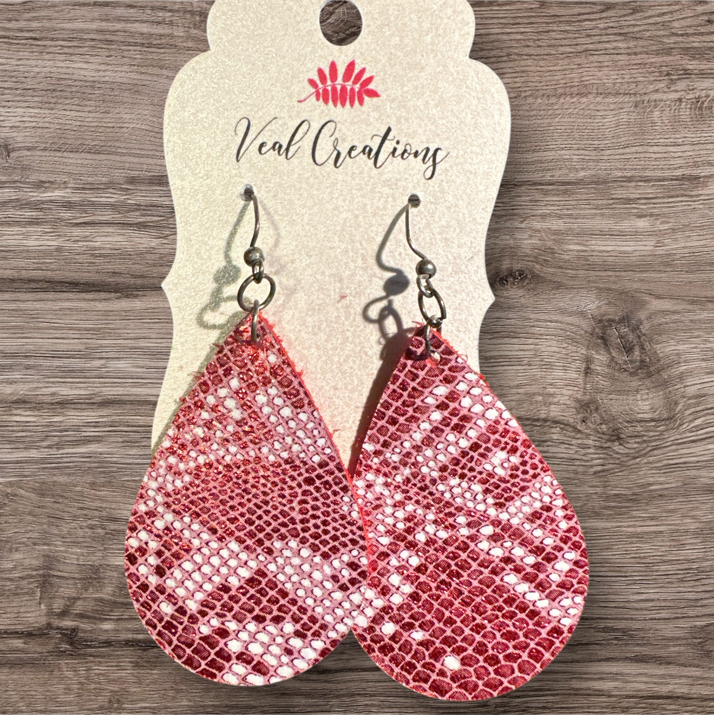 Red White Teardrop Leather Earrings