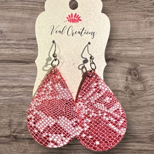 Red White Teardrop Leather Earrings