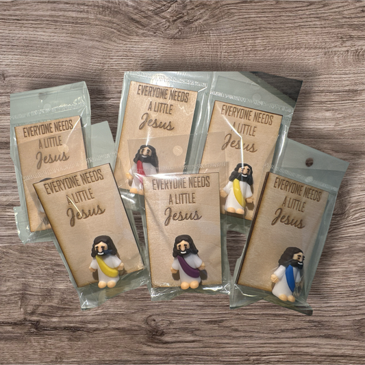 Pocket Jesus Figurine with Engraved Wood Sign – "Everyone Needs a Little Jesus"