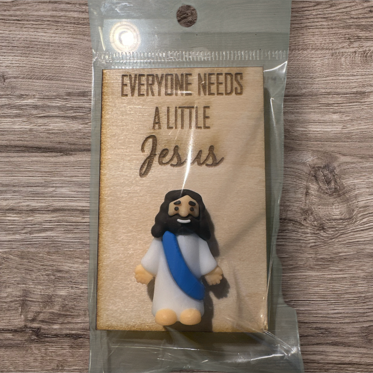 Pocket Jesus Figurine with Engraved Wood Sign – "Everyone Needs a Little Jesus"