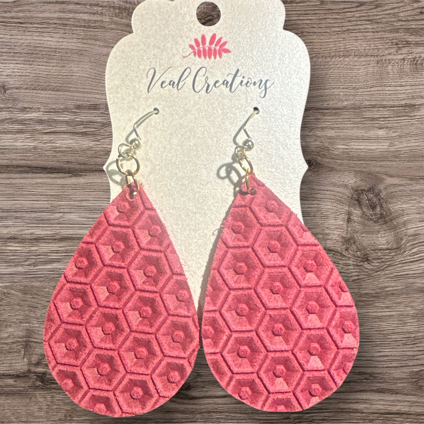Red Beehive Teardrop Leather Earrings