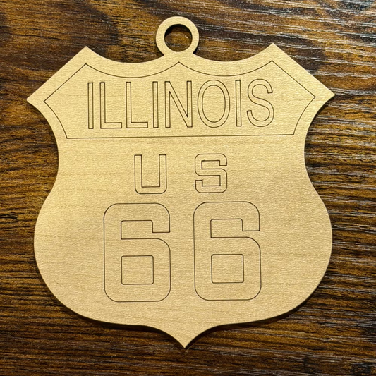 Wooden shield-shaped sign with 'ILLINOIS' and '95' engraving on a wooden surface