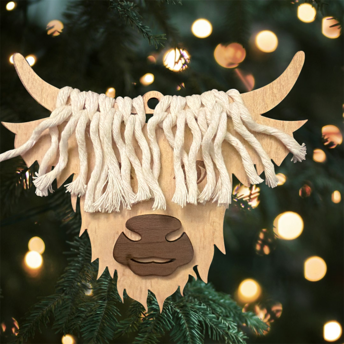 Highland Cow Macramé Wooden Christmas Ornament | Handmade Farmhouse Holiday Décor