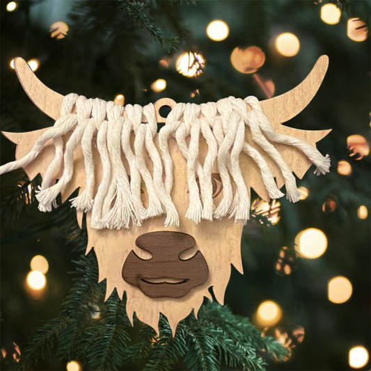 Highland Cow Macramé Wooden Christmas Ornament | Handmade Farmhouse Holiday Décor