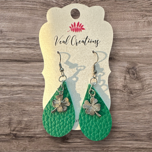 Clover Charm Teardrop Pebbled Leather Earrings