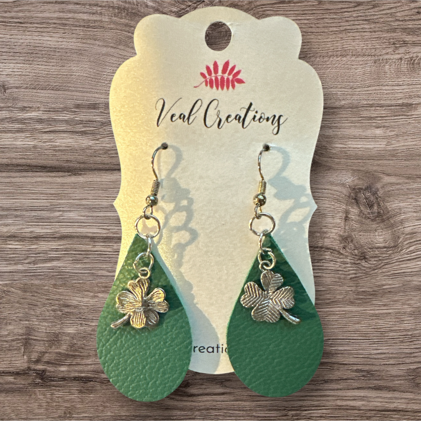 Clover Charm Teardrop Green Leather Earrings