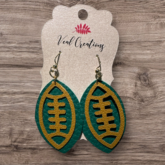 Green & Gold Die Cut Football Leather Earrings