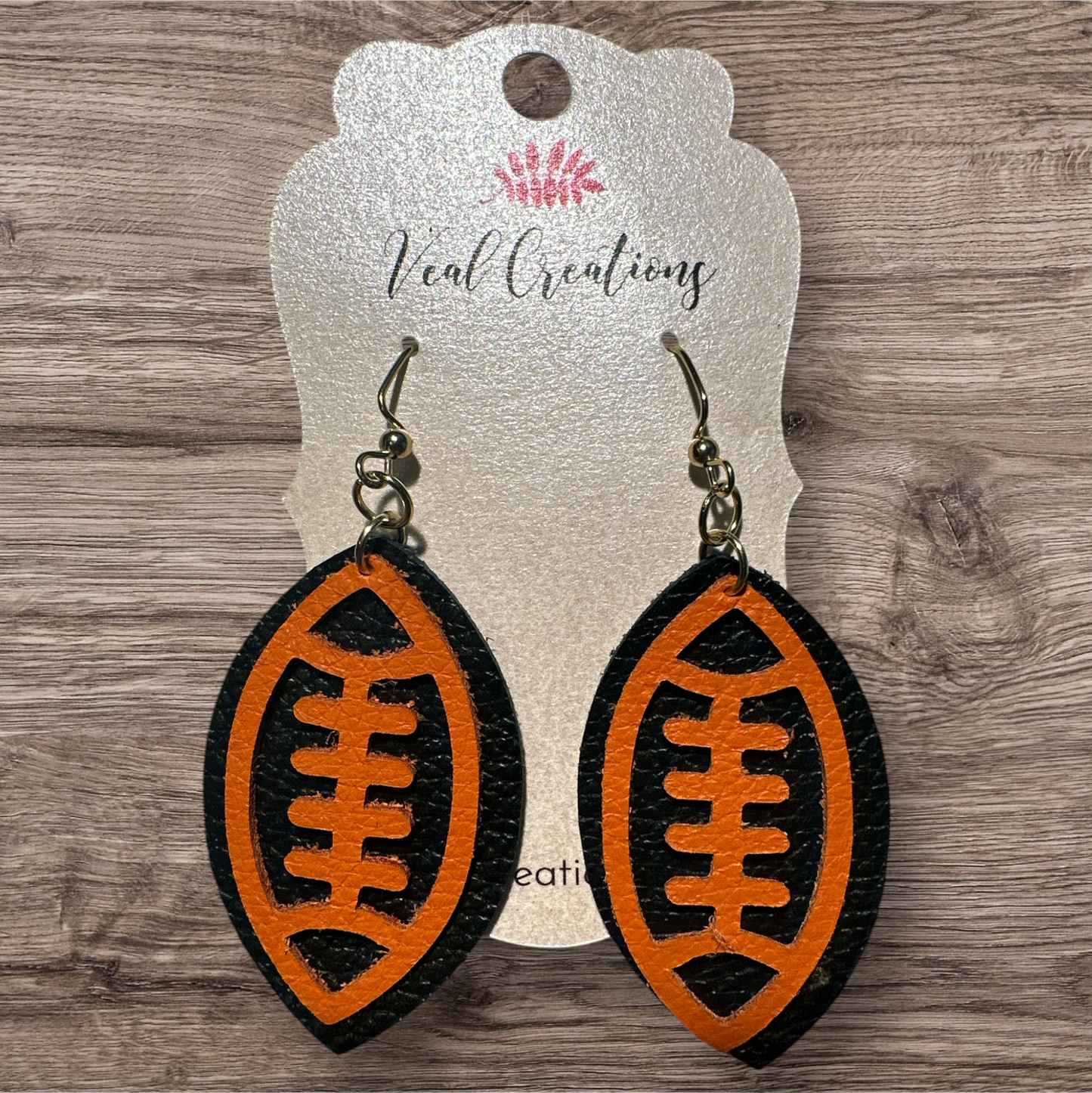 Orange & Black Die Cut Football Leather Earrings