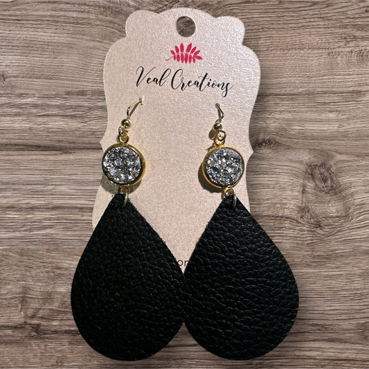 Silver Druzy Stone with Drop Black Teardrop Leather Earring