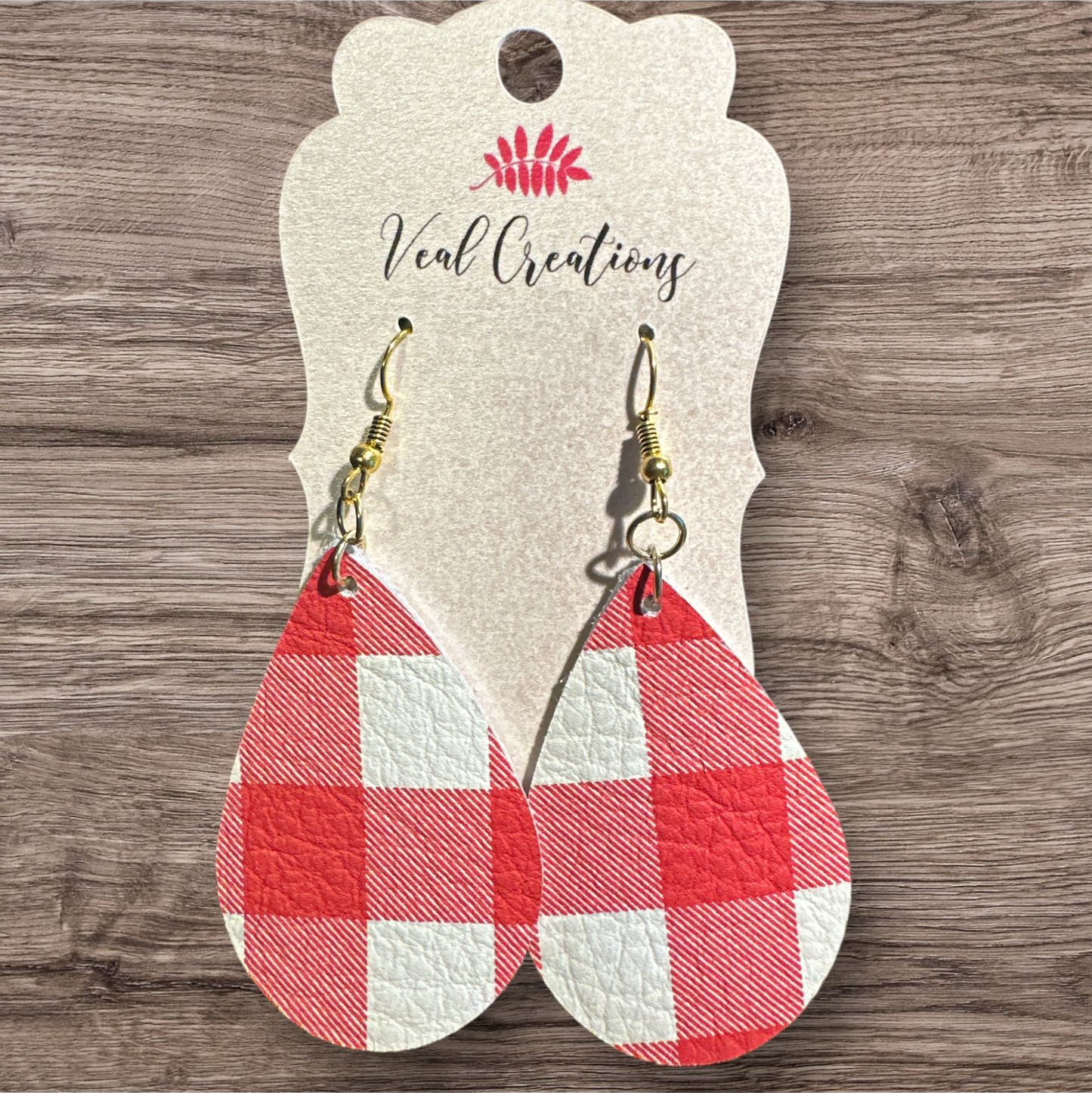 Red & White Plaid Teardrop Leather Earrings