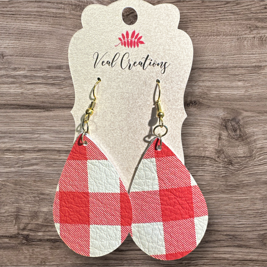 Red & White Plaid Teardrop Leather Earrings