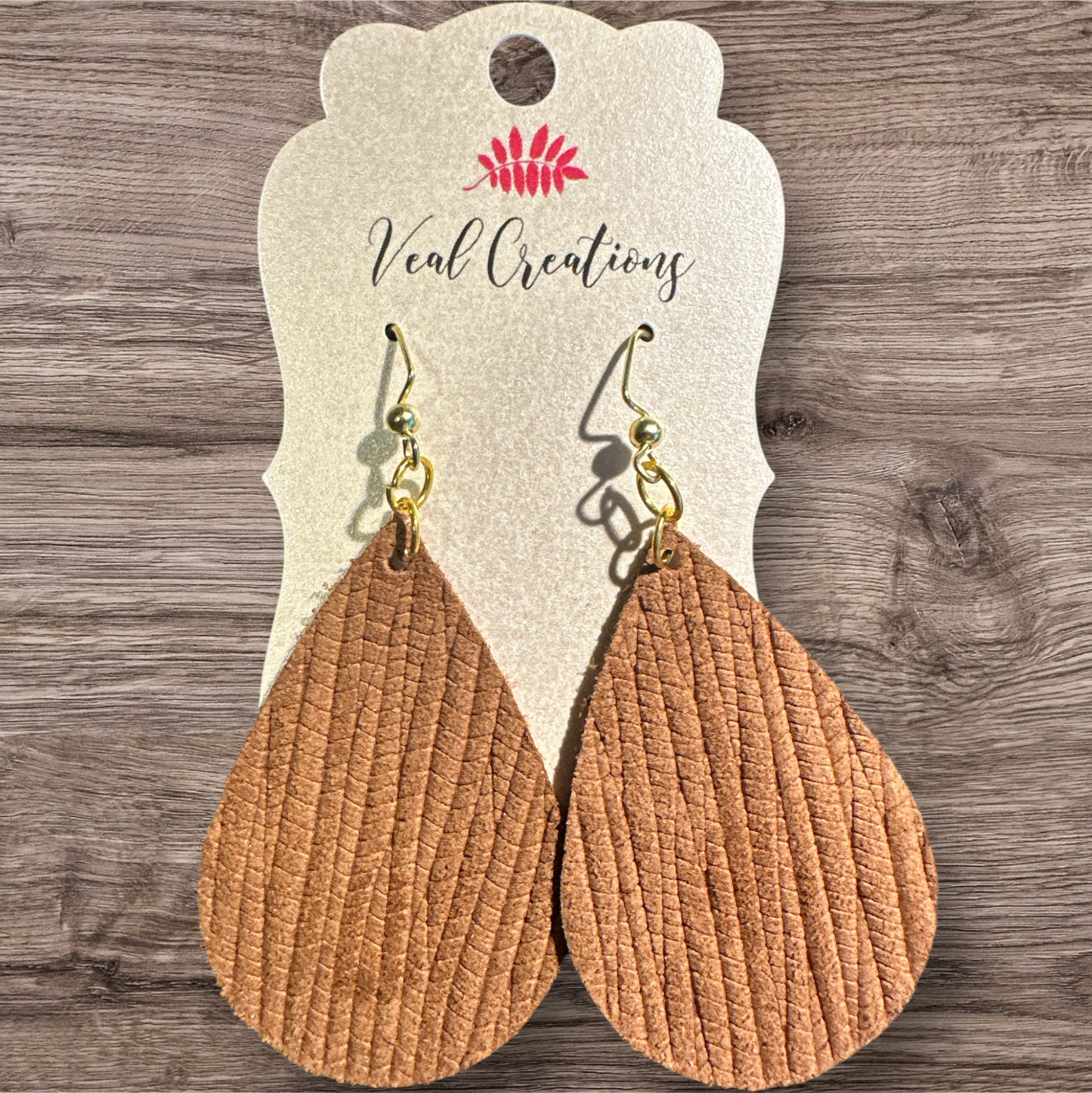 Brown Palm Leaf Leather Teardrop Earrings