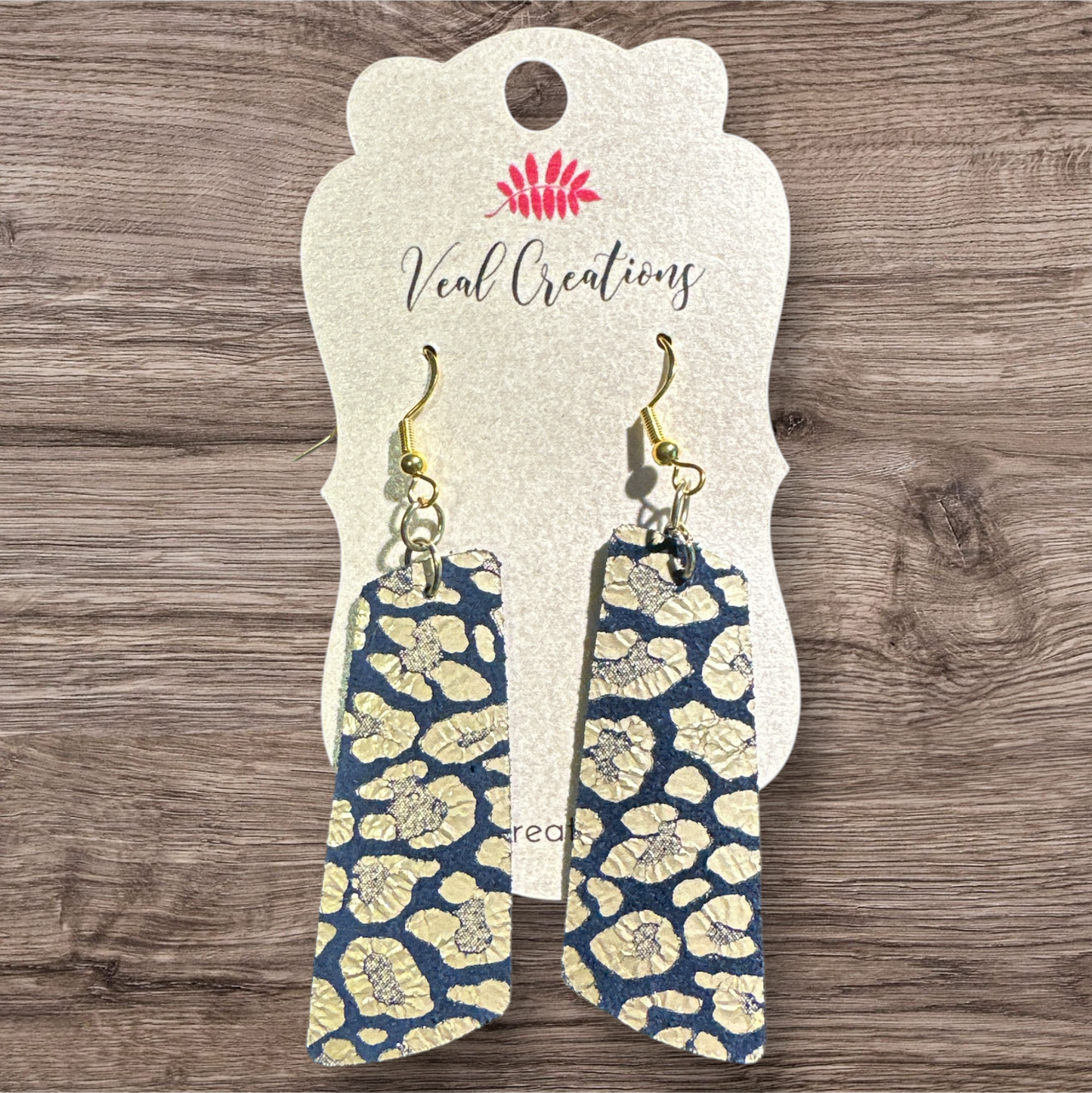 Navy & Gold Leopard Leather Bar Earrings