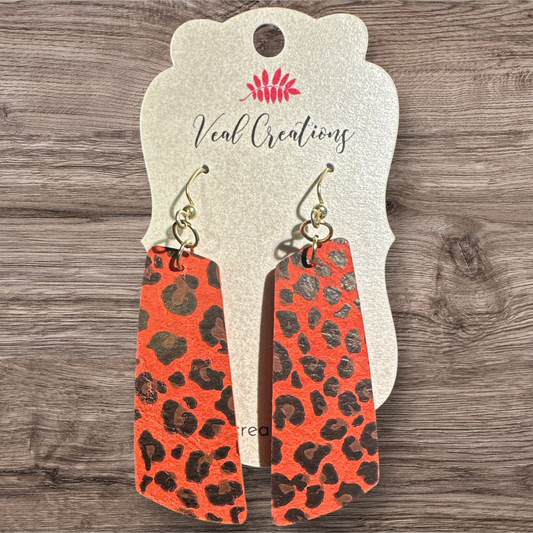 Red and Black Leopard Leather Bar Earrings