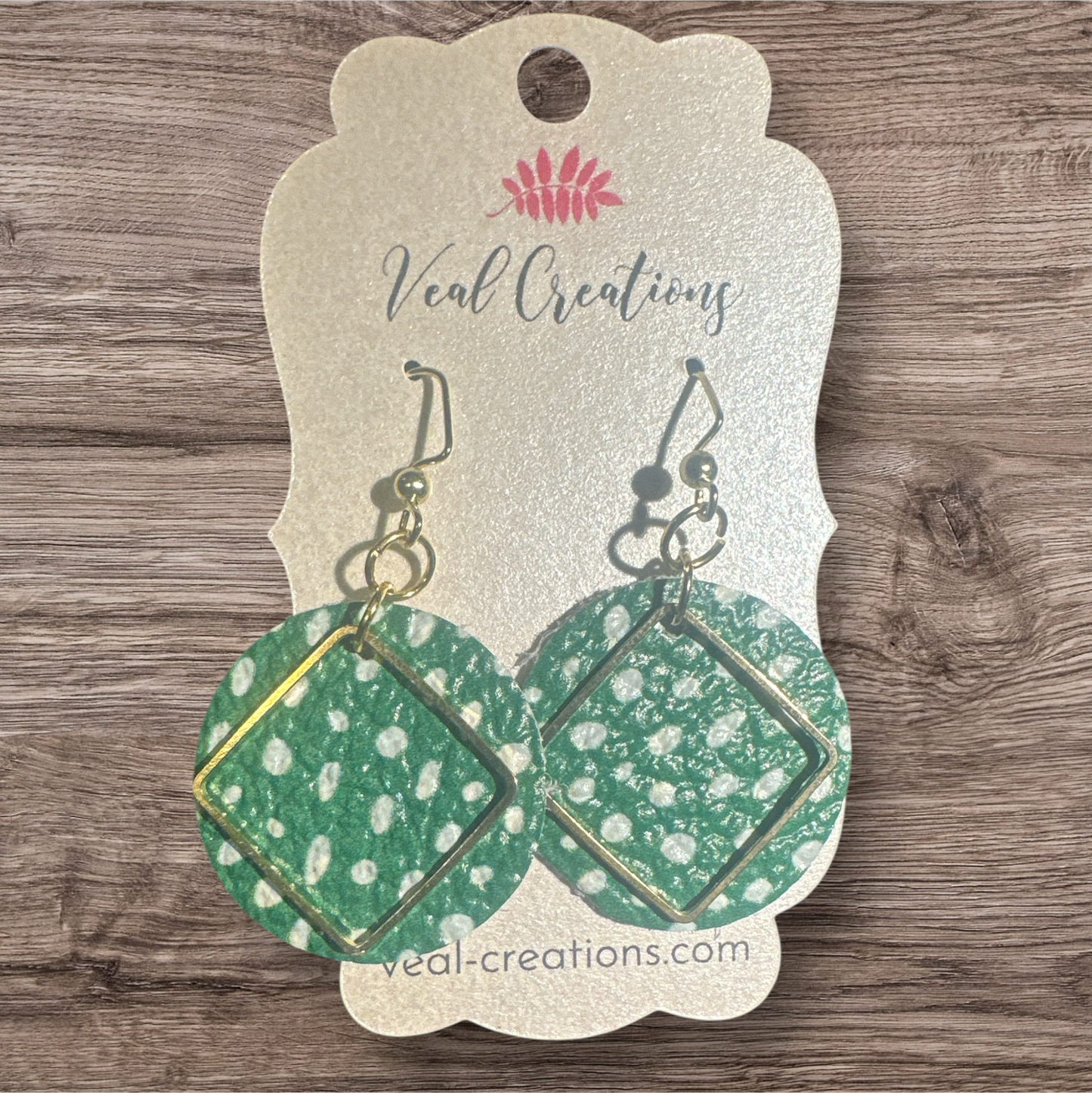 Green Polka Dot Leather Earrings with Brass Square Accent