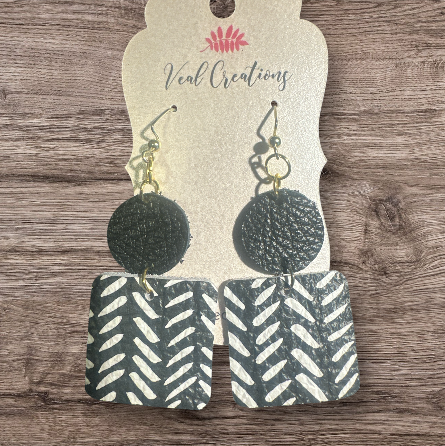 Geometric Black Leather Circle & Chevron Square Earrings