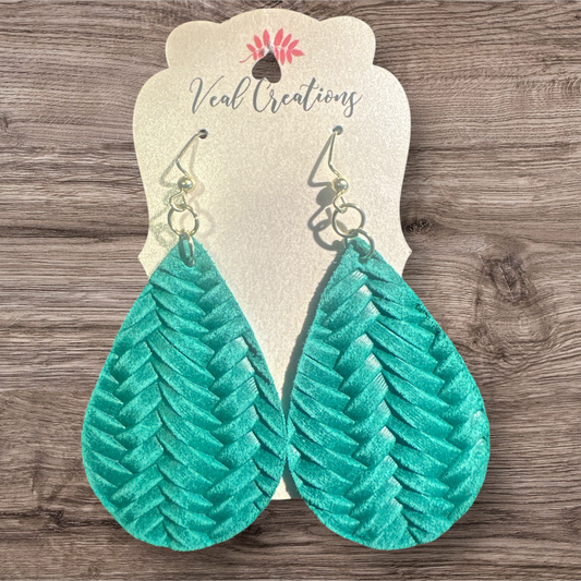 Kelly Green Braided Teardrop Leather Earrings