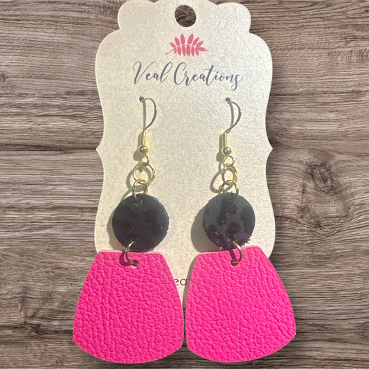 Geometric Black Leopard Circle & Hot Pink Square Earrings