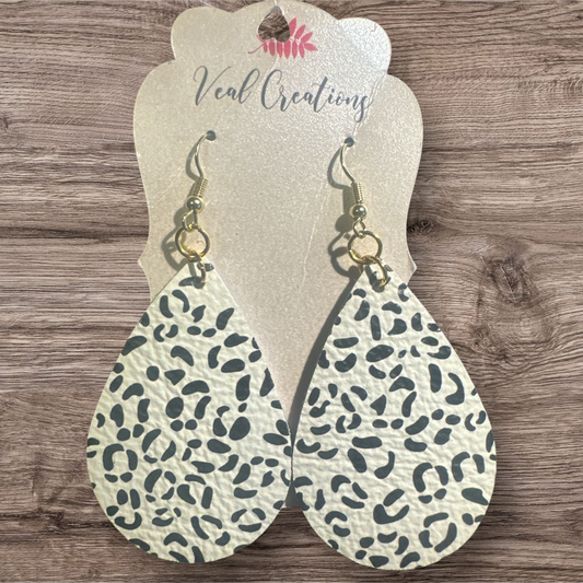 White with Black Leopard Teardrop Leather Earrings