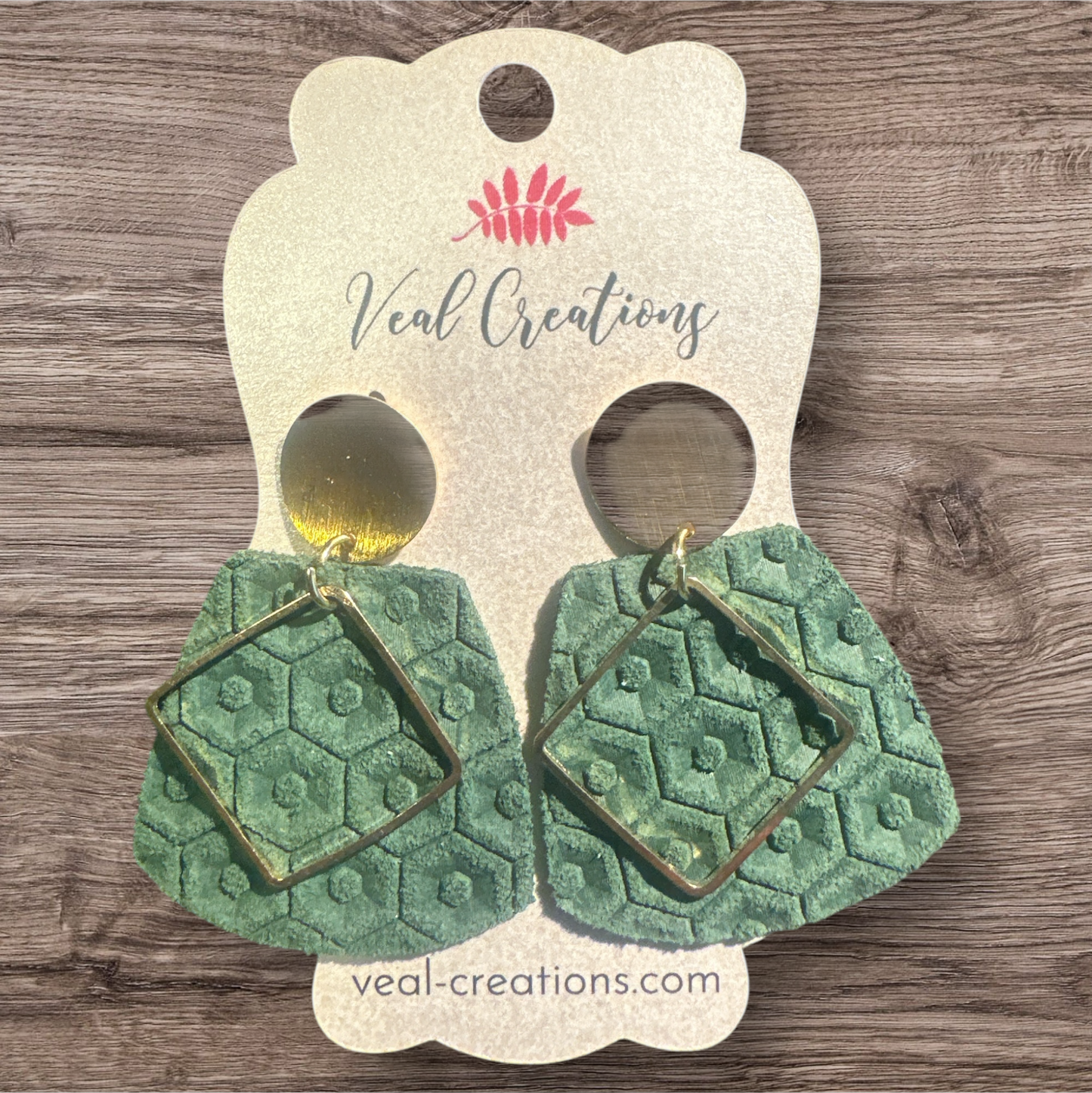 Green Beehive Square Earrings with Gold Circle Post and Brass Accent