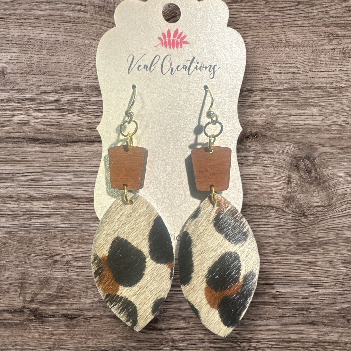 Hair-On Leopard Leaf Leather Earrings with Wood Accent