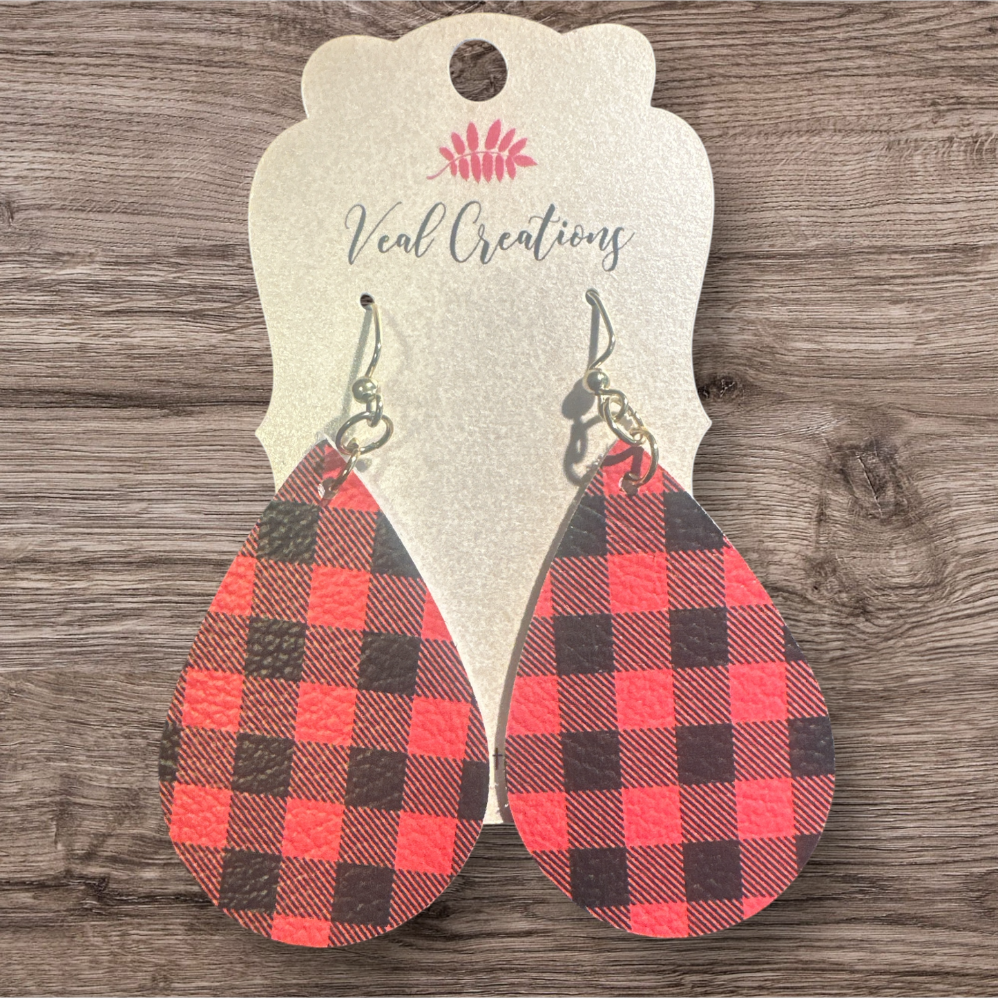 Black and Red Plaid Teardrop Leather Earrings