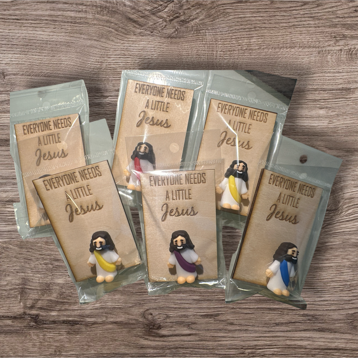 Pocket Jesus Figurine with Engraved Wood Sign – "Everyone Needs a Little Jesus"