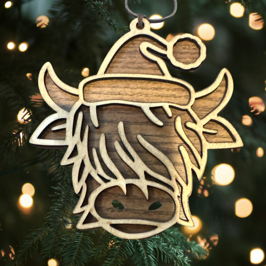 Highland Cow Christmas Ornament – Rustic Wood Holiday Decor