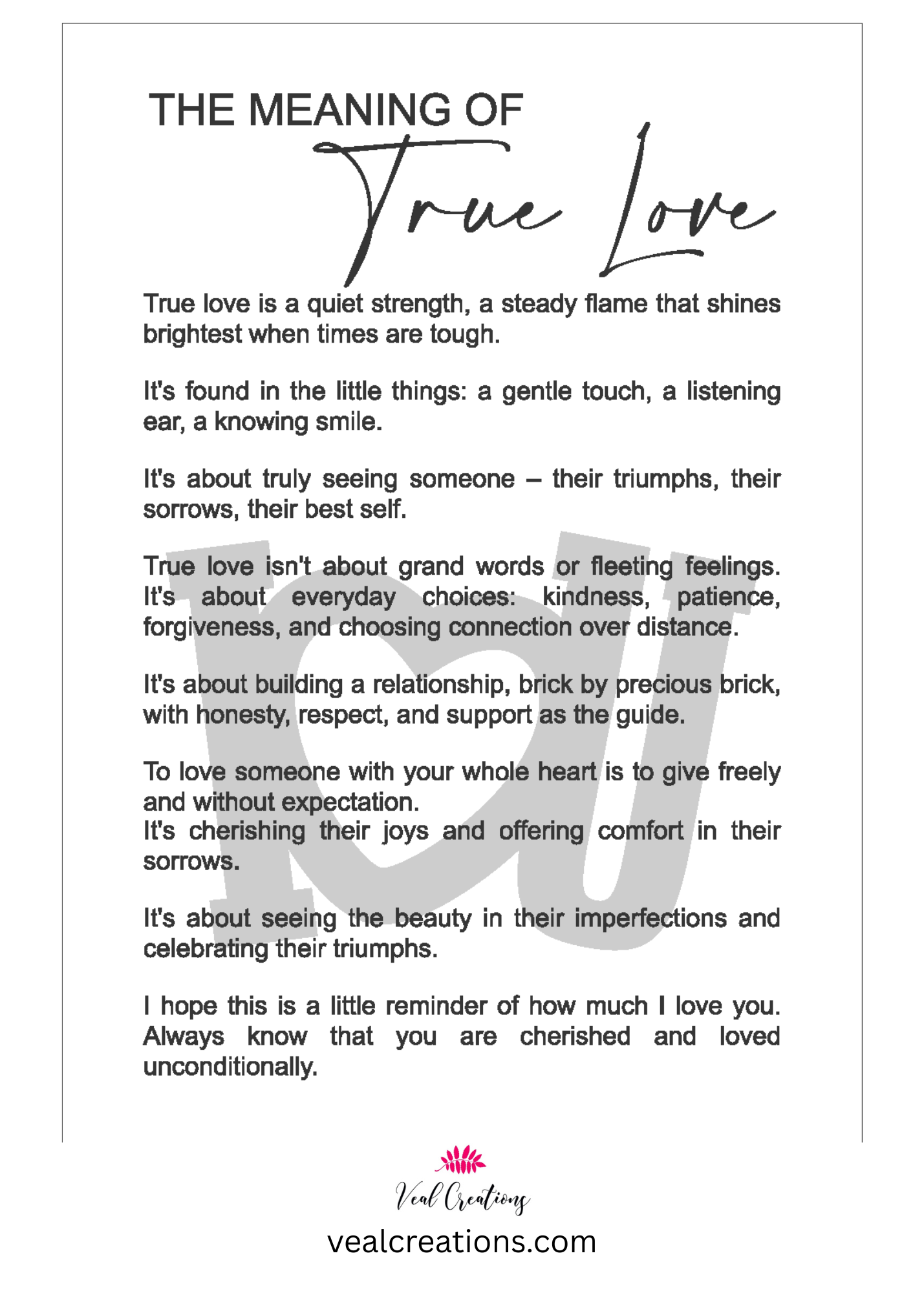 Poem about the meaning of true love on a white background