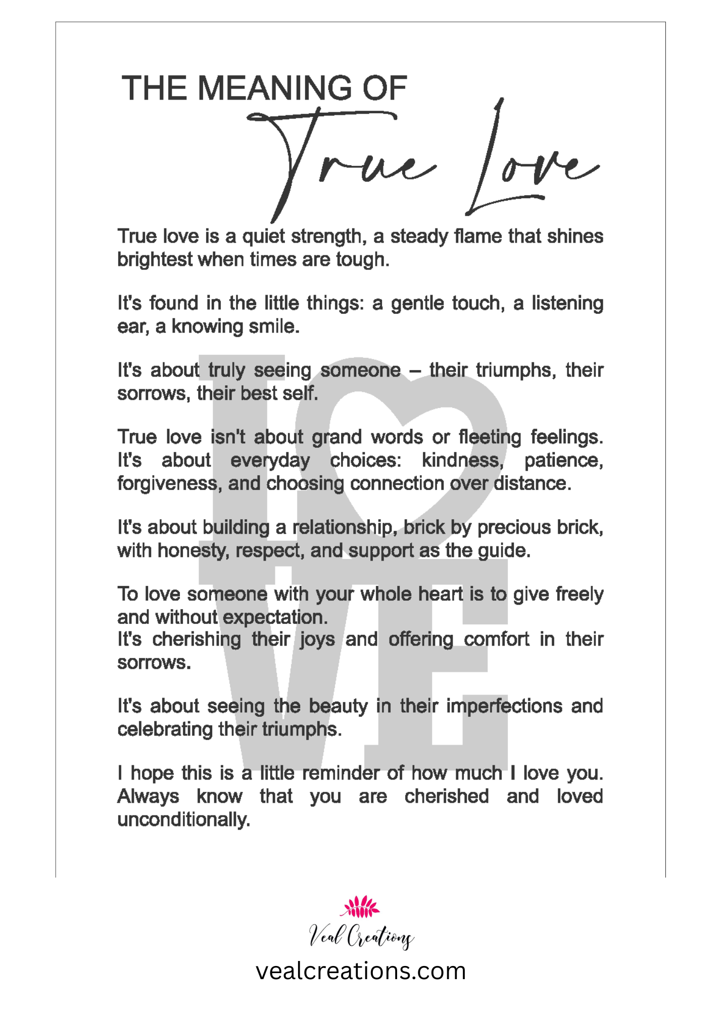 Textual poem about the meaning of true love on a white background
