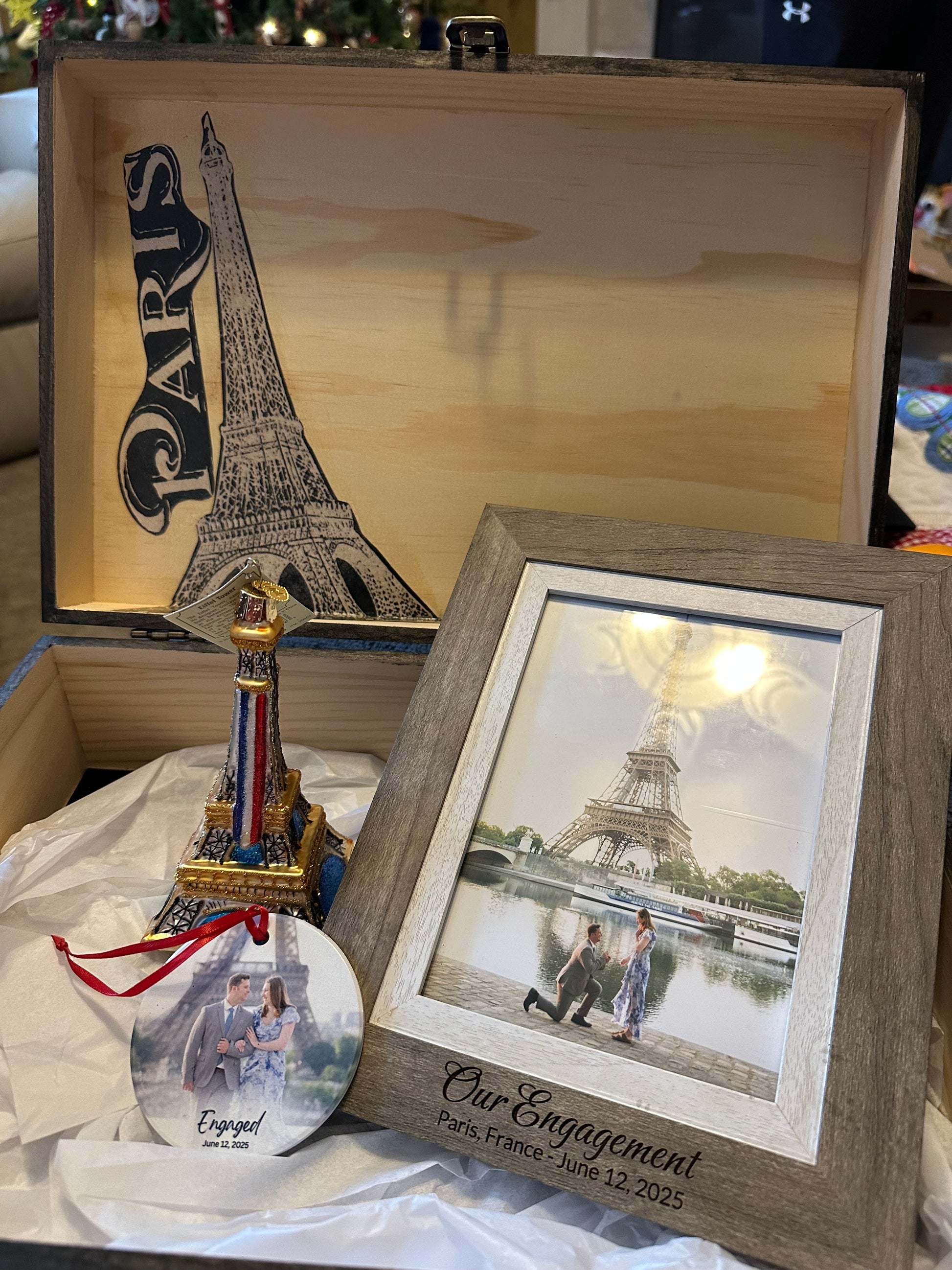 Memory Box example with custom engraving and gift ideas for gift giving including a custom frame, ornament and gifts