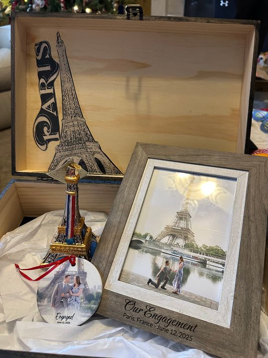Memory Box example with custom engraving and gift ideas for gift giving including a custom frame, ornament and gifts