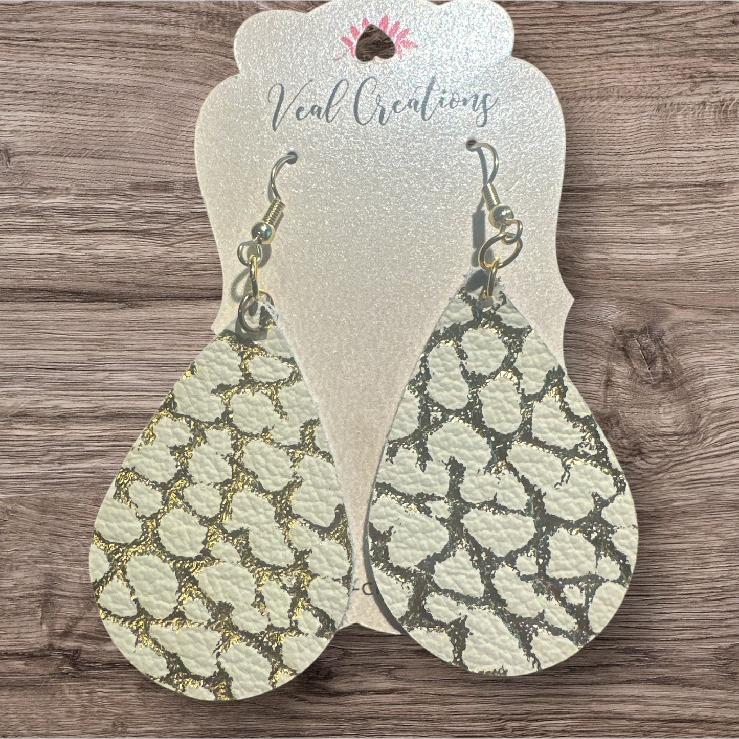 Gold and Creme Leopard Teardrop Leather Earrings