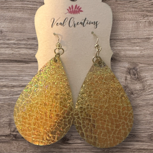 Gold Metallic Teardrop Leather Earrings