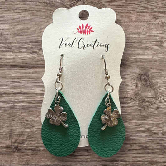 Clover Charm Teardrop Dark Green Leather Earrings