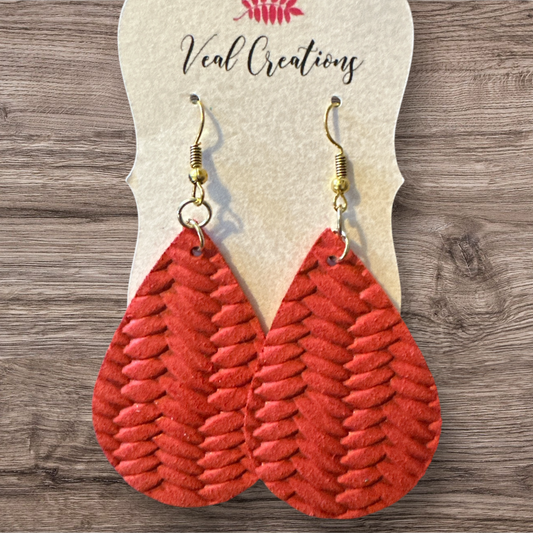 Red Braided Teardrop Leather Earrings