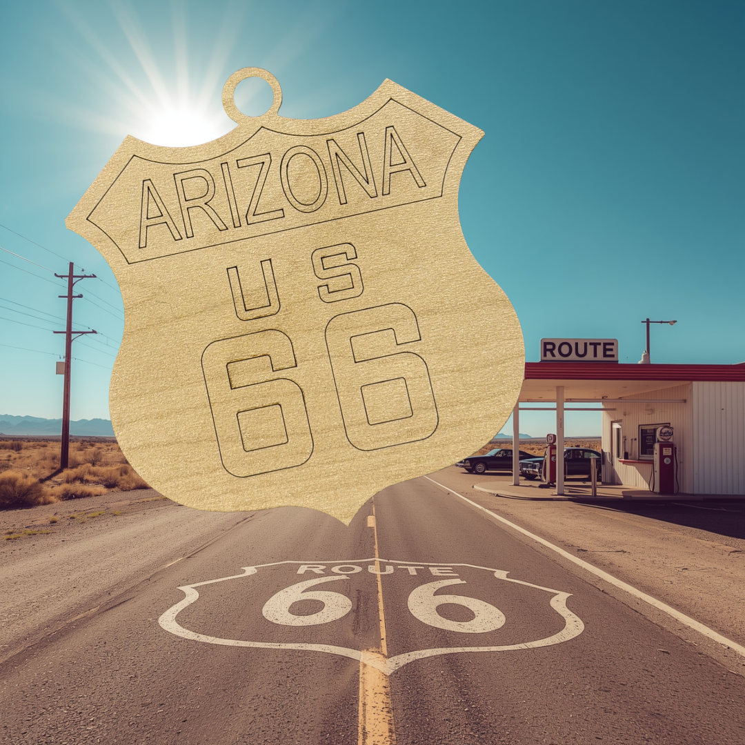 Route 66 sign in Arizona with a gas station in the background