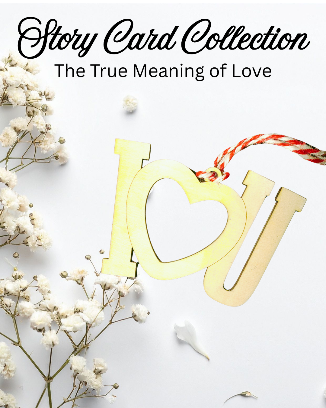 Decorative wooden heart ornament with 'I love you' on a light background with white flowers.