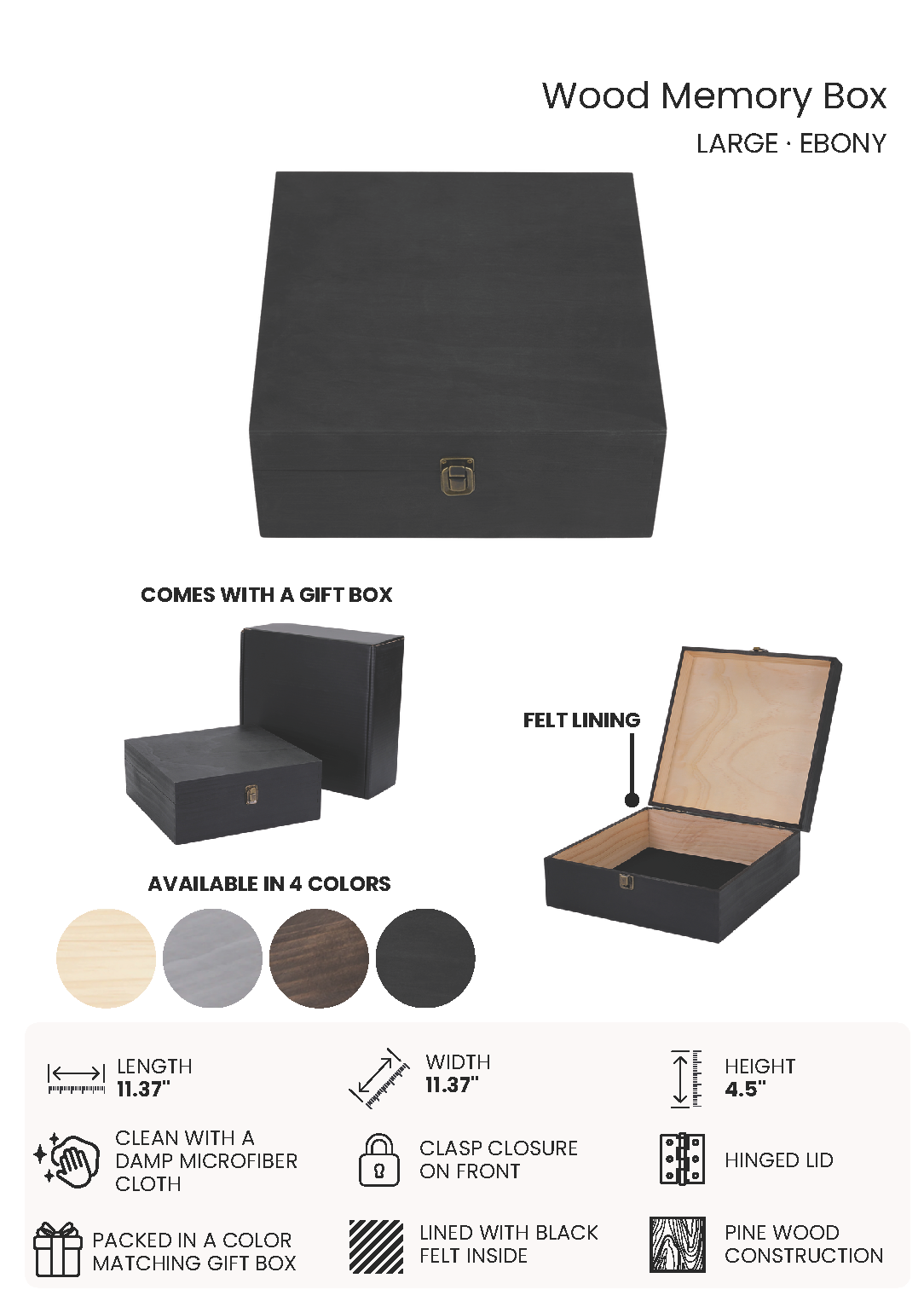 Large Wooden memory box with gift box and dimensions on a white background