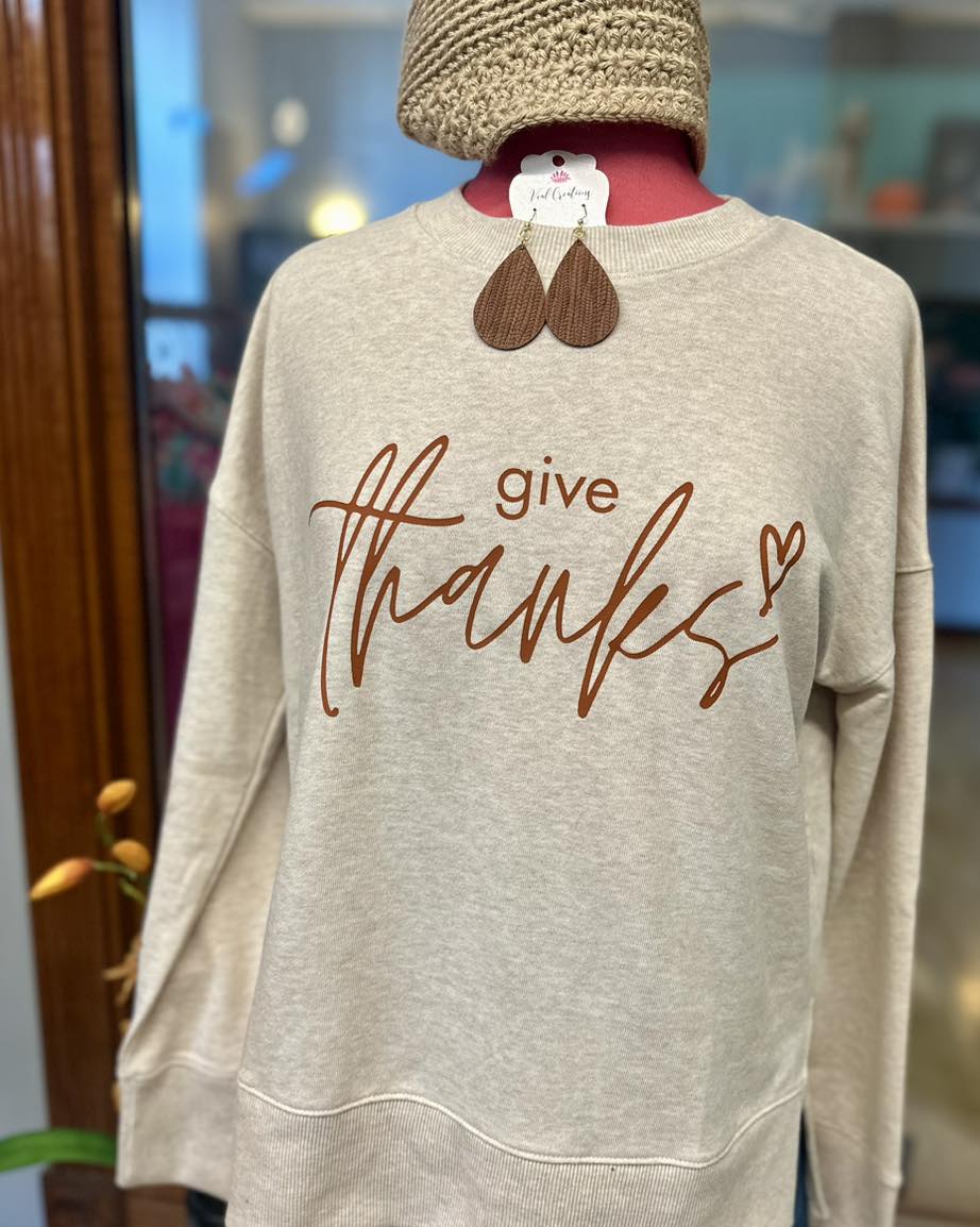 Give Thanks Sweatshirt – Cozy Fall Crewneck with Side Flare Cutouts