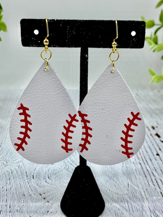 Baseball Teardrop Leather Earrings 2.5" Made to order