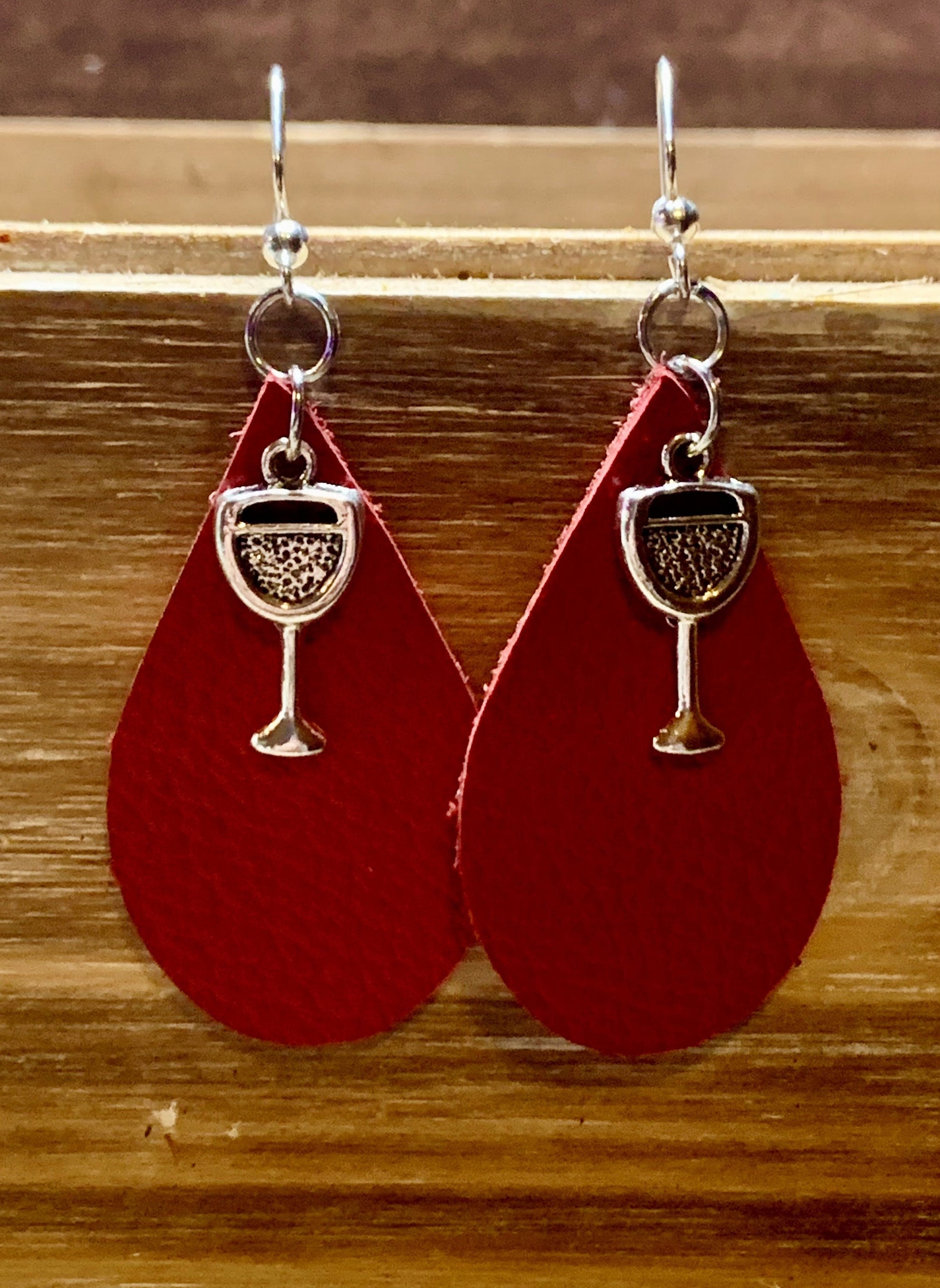 Red Wine Teardrop Leather Earrings