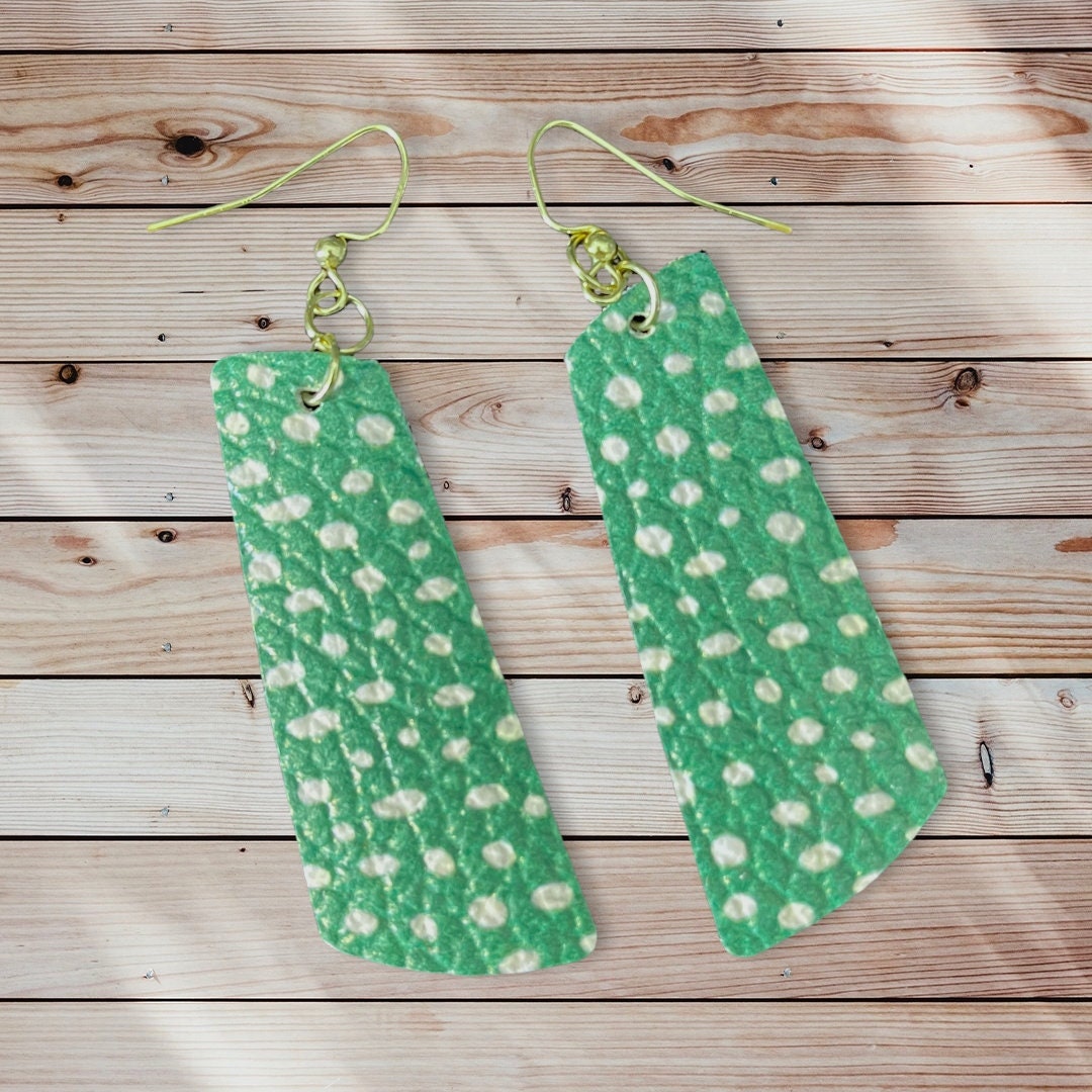 Green & White Spot Bar Leather Earrings