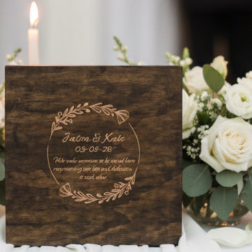 Wooden box with engraved text to celebrate wedding memories